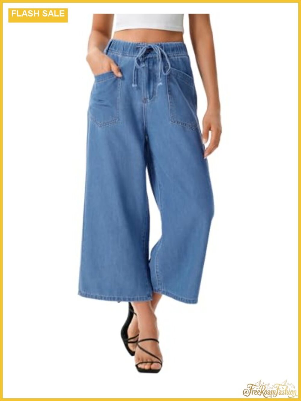Women's Capri Jeans Stretchy Wide Leg Culottes Elastic Waist